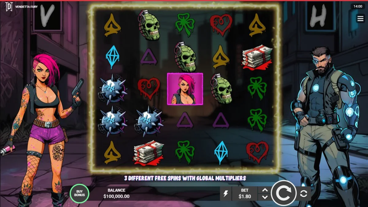 Pemandangan neon futuristik dalam slot Vendetta Fury