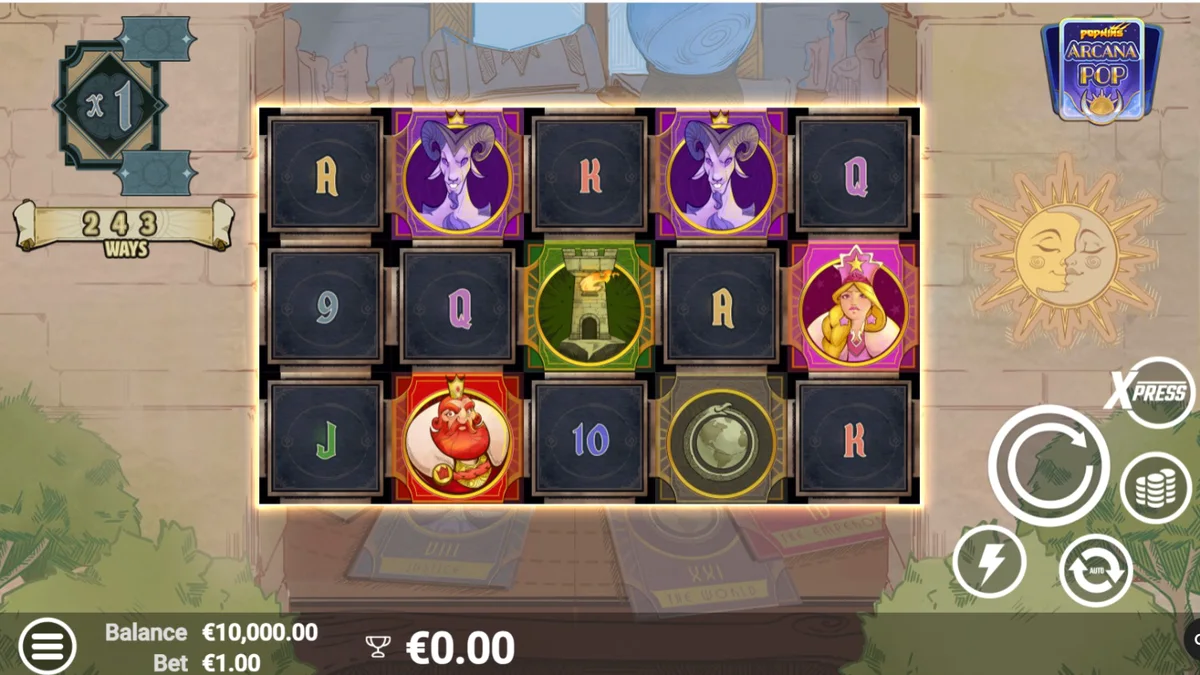 Tampilan visual slot Arcana Pop dengan tema tarot dan simbol mistis